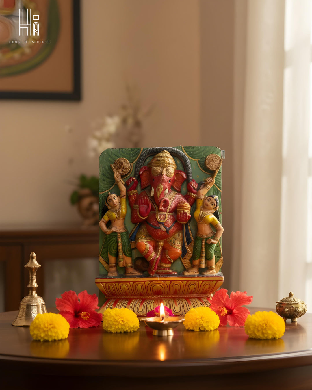 Vintage Hand-Carved Ganesha with Attendants Wooden Idol – Heritage Panel Artefact