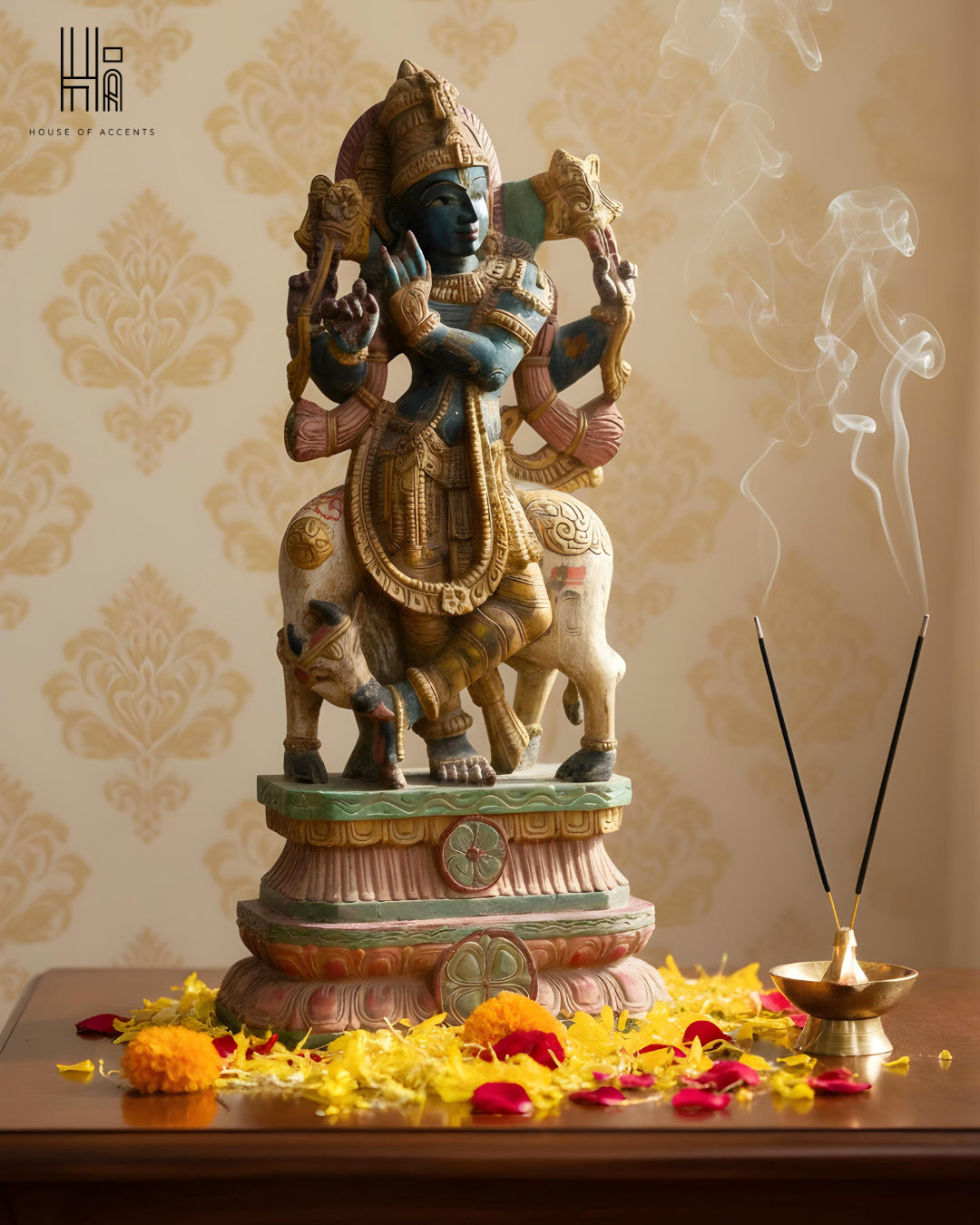 Vintage Hand-Carved Krishna with Sacred Cow Wooden Idol – Heritage Artefact