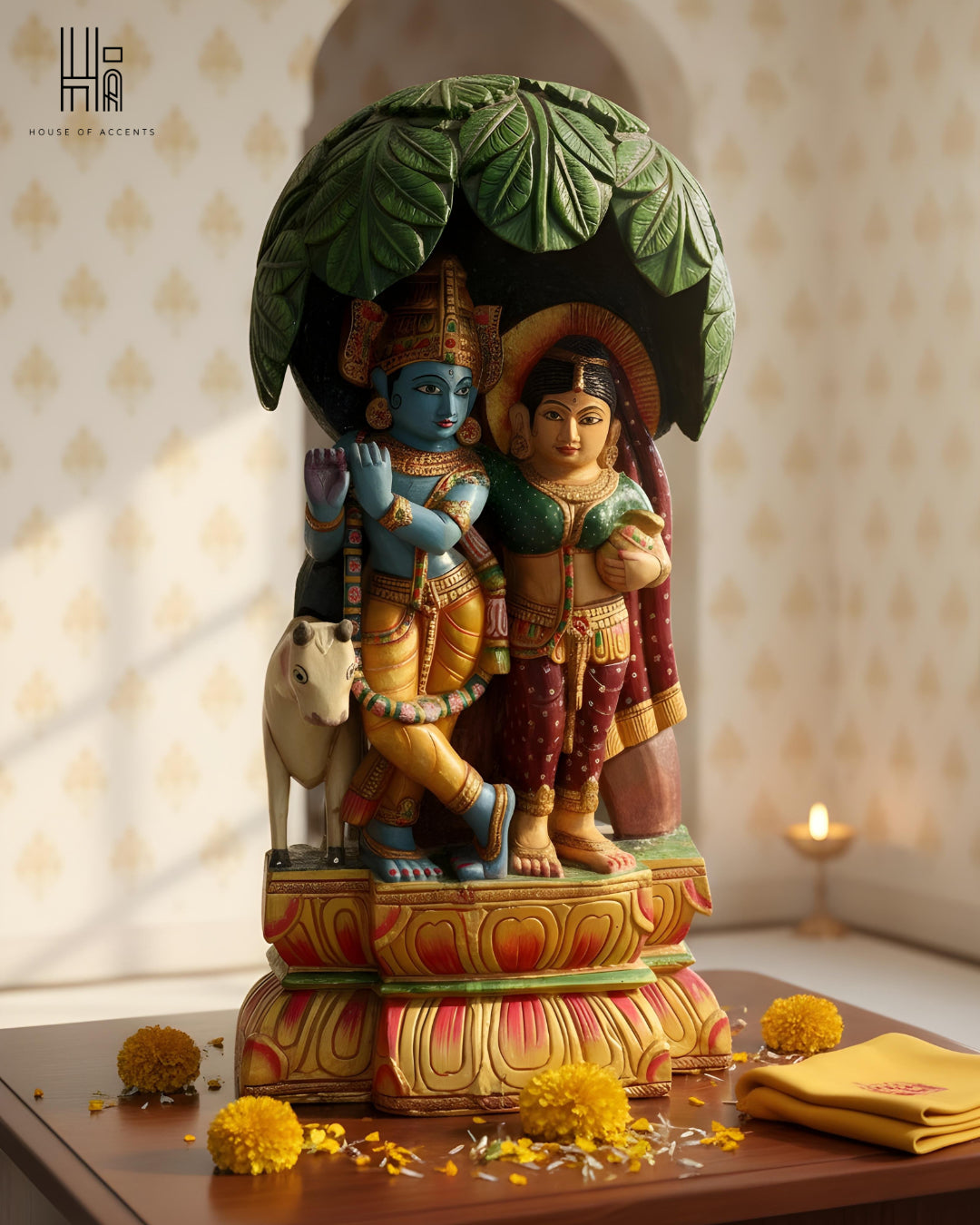 Vintage Hand-Carved Radha Krishna Wooden Idol with Cow