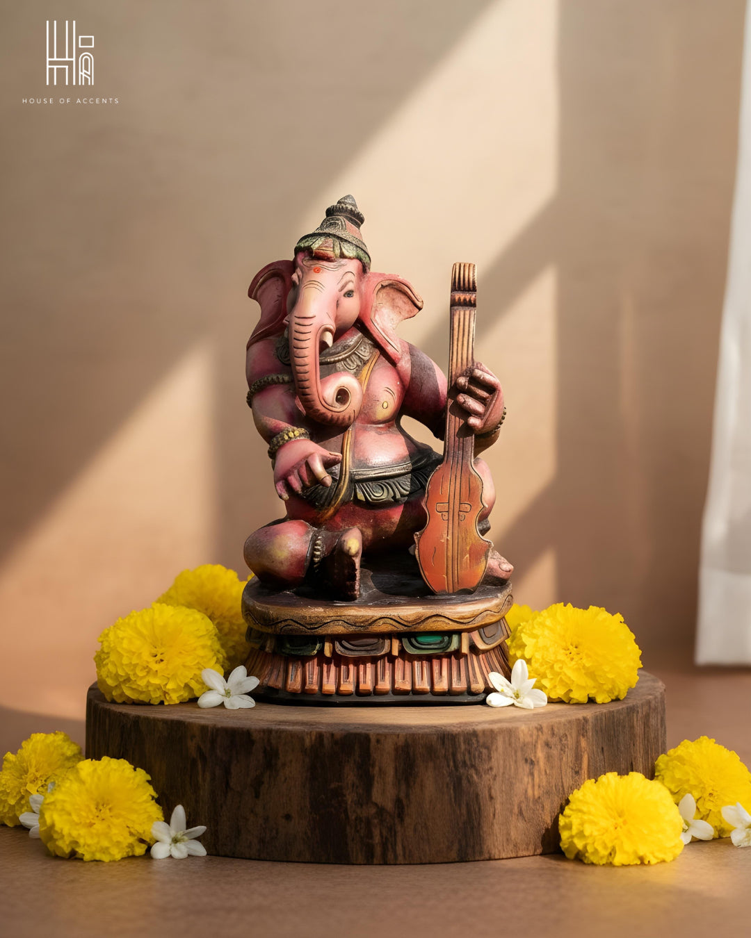Vintage Hand-Carved Musical Ganesha Wooden Idol
