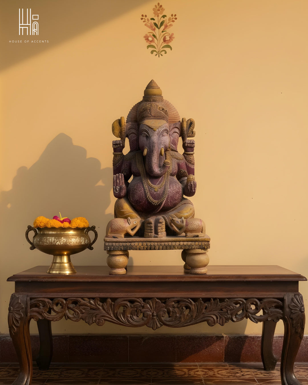 Vintage Hand-Carved Seated Ganesha Wooden Idol – Temple Heritage Artefact