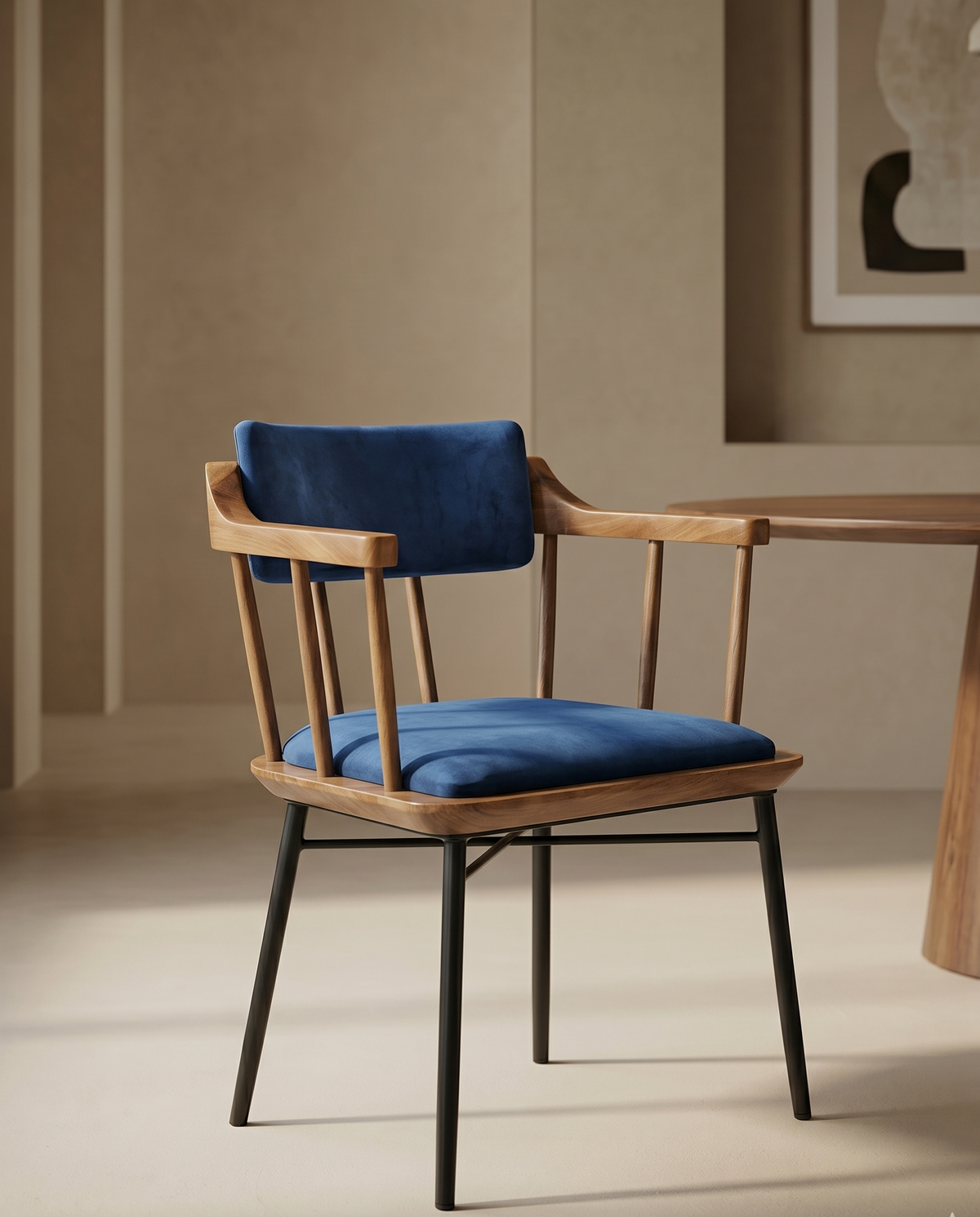 Blue Cushion Wooden Arm Dining Chair