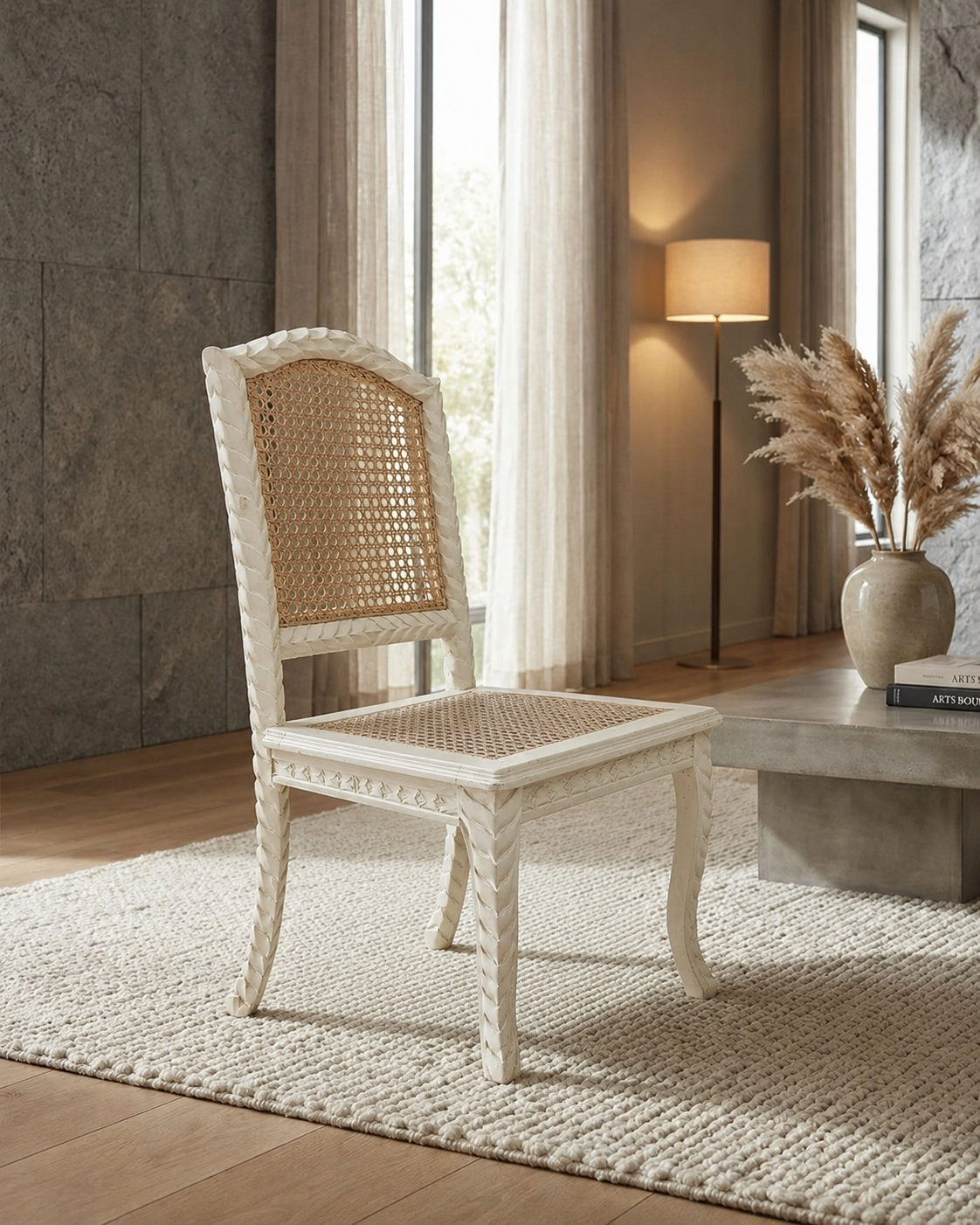 White Cane Seat Carved Dining Chair
