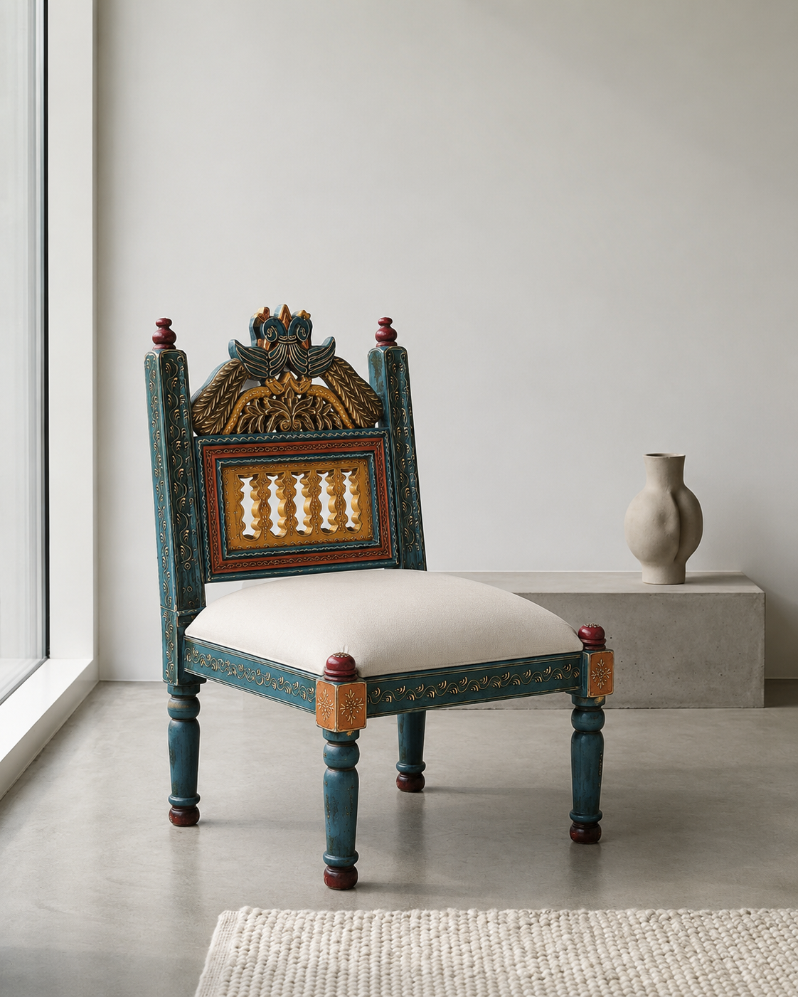 Hand-Painted Teal Rajasthani Accent Chair