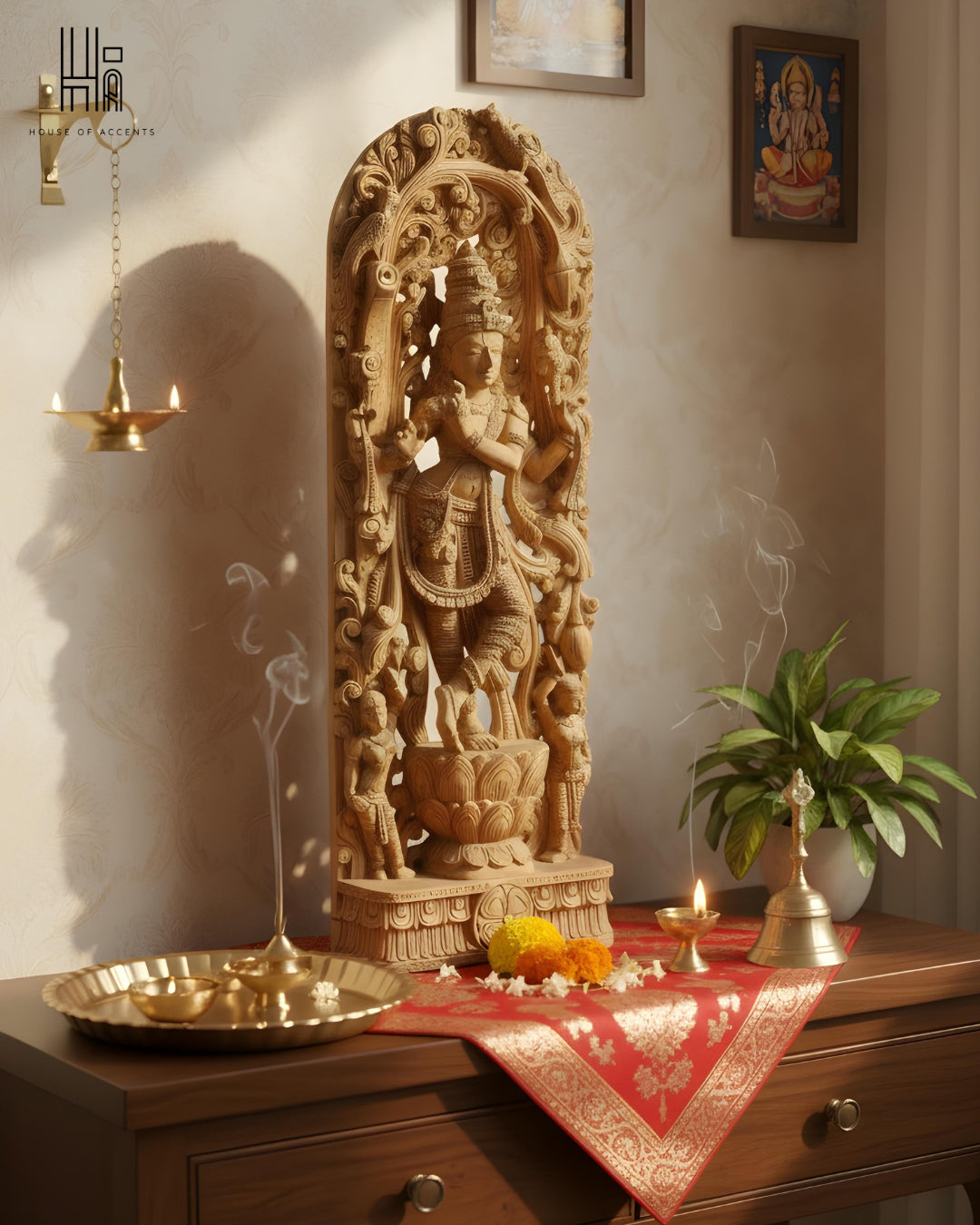 Vintage Hand-Carved Standing Krishna Wooden Idol with Ornate Arch