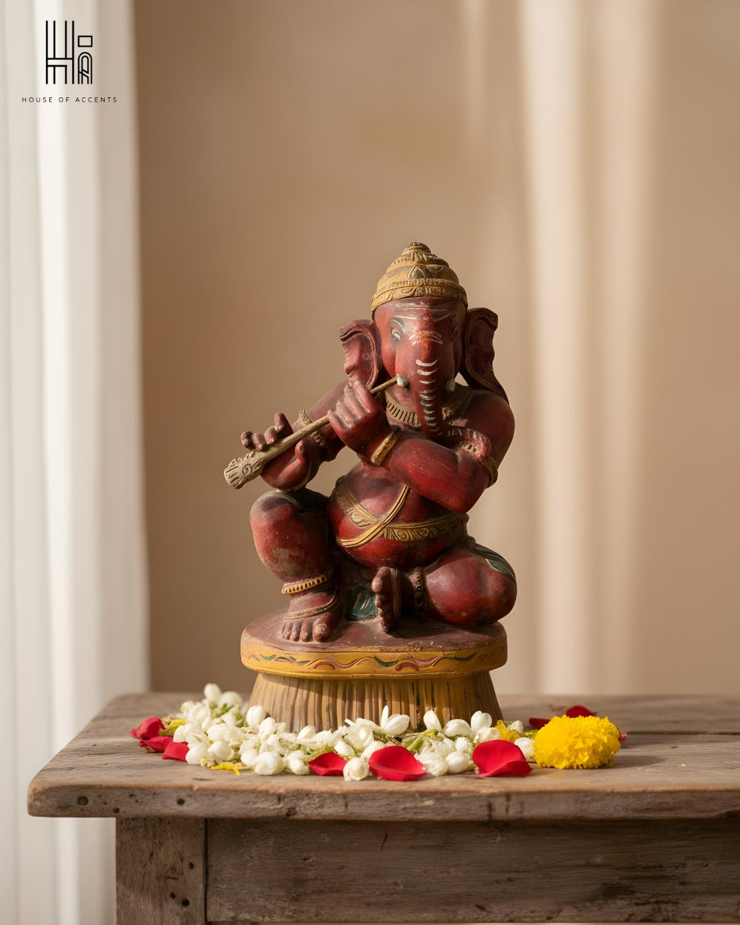 Vintage Hand-Carved Wooden Ganesha Idol with Flute