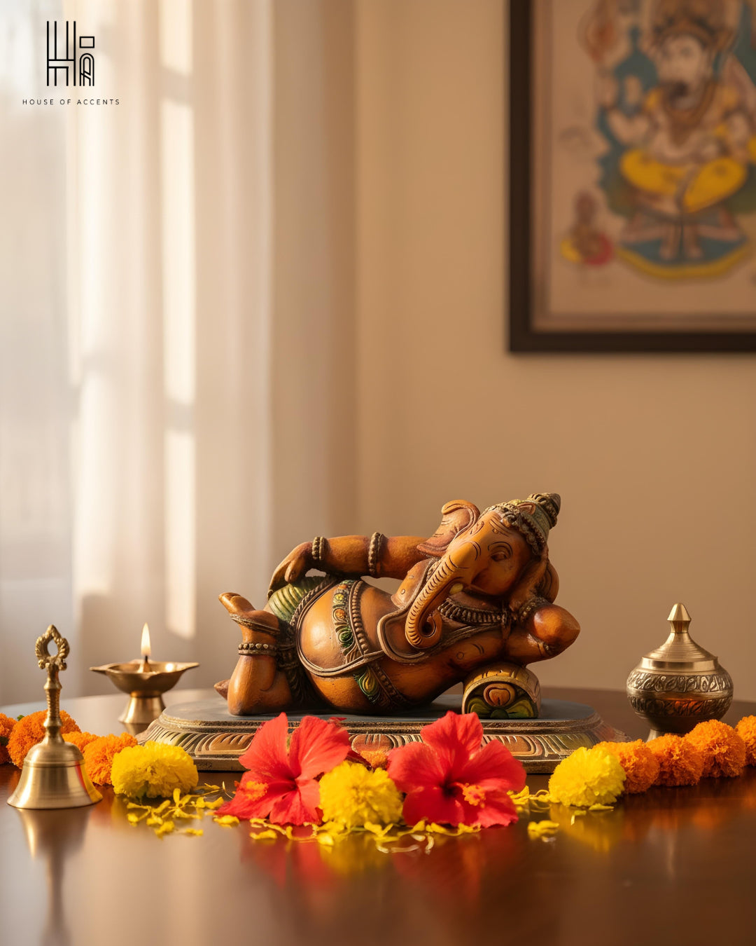 Vintage Reclining Ganesha Wooden Idol – Hand-Carved Heritage Artefact