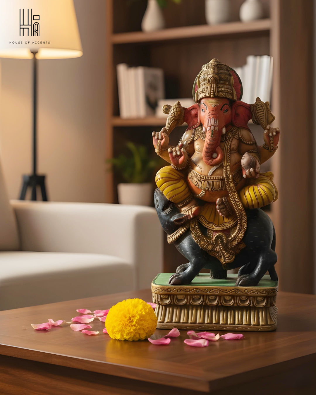 Vintage Hand-Carved Ganesha Idol on Mushak – Wooden Heritage Artefact