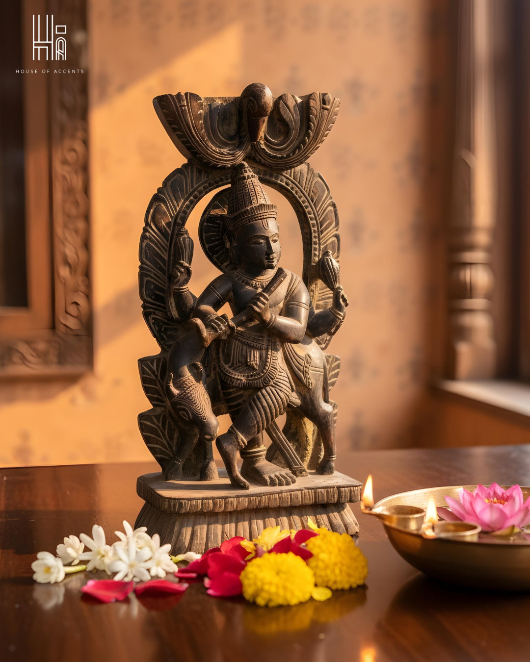 Vintage Hand-Carved Krishna with Cow Wooden Idol – Heritage Artefact