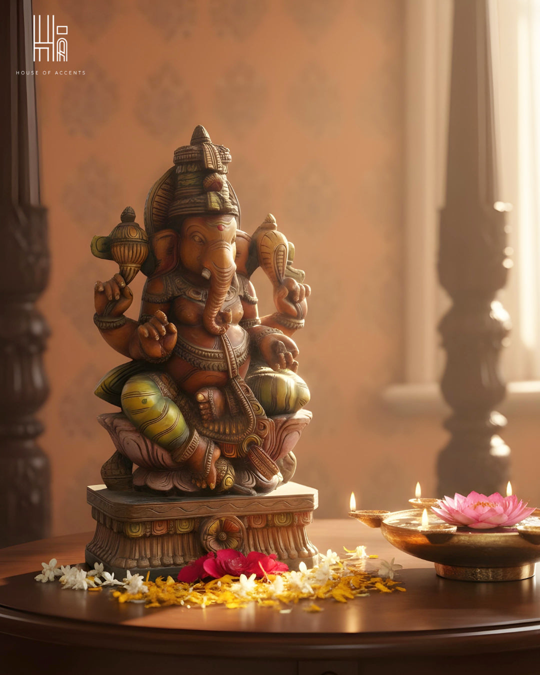 Vintage Hand-Carved Seated Ganesha Wooden Idol – Lotus Pedestal Artefact