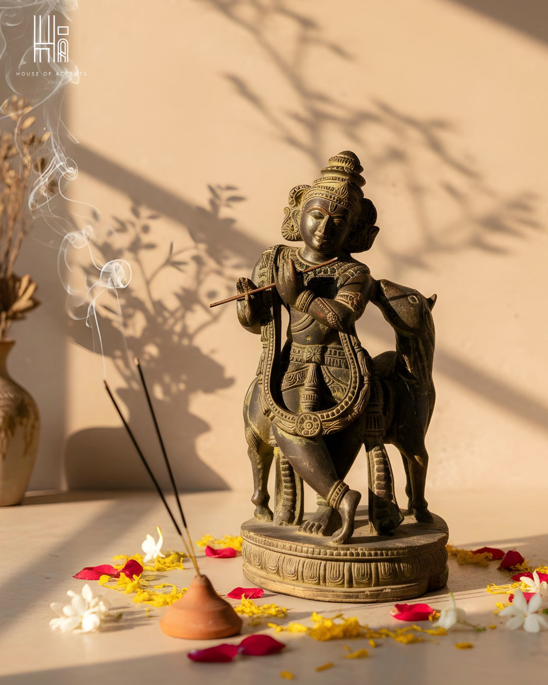 Vintage Hand-Carved Krishna with Cow Wooden Idol – Musical Heritage Artefact