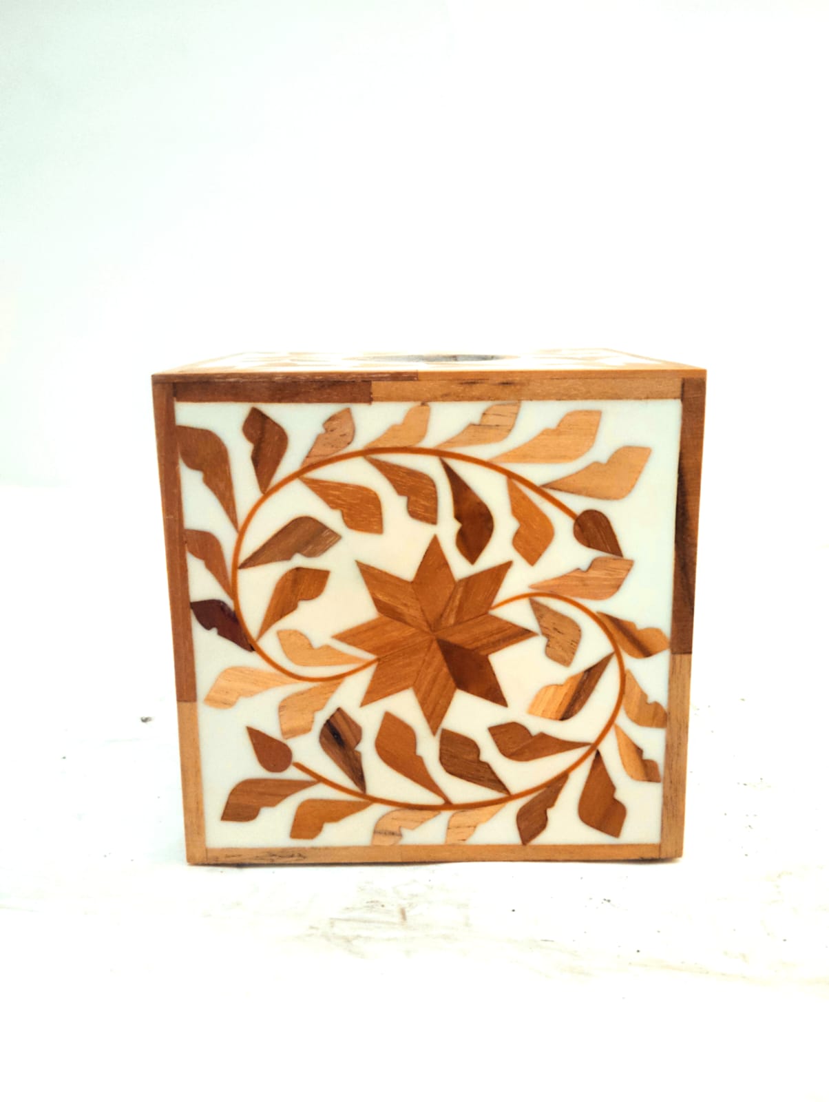 Floral teak inlay tissue box