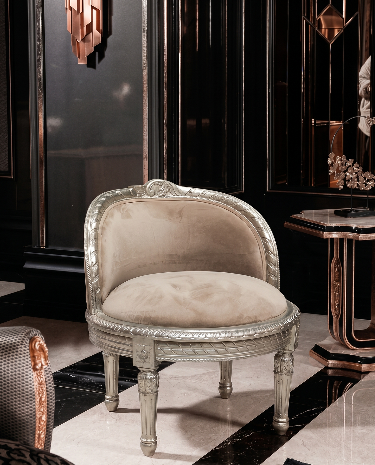 Silver Carved Barrel Accent Chair