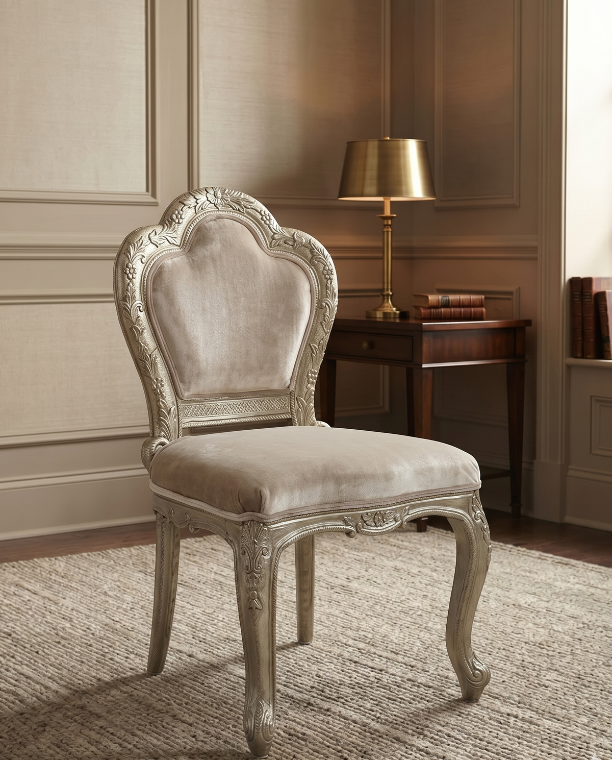 Ornate Silver Upholstered Accent Chair