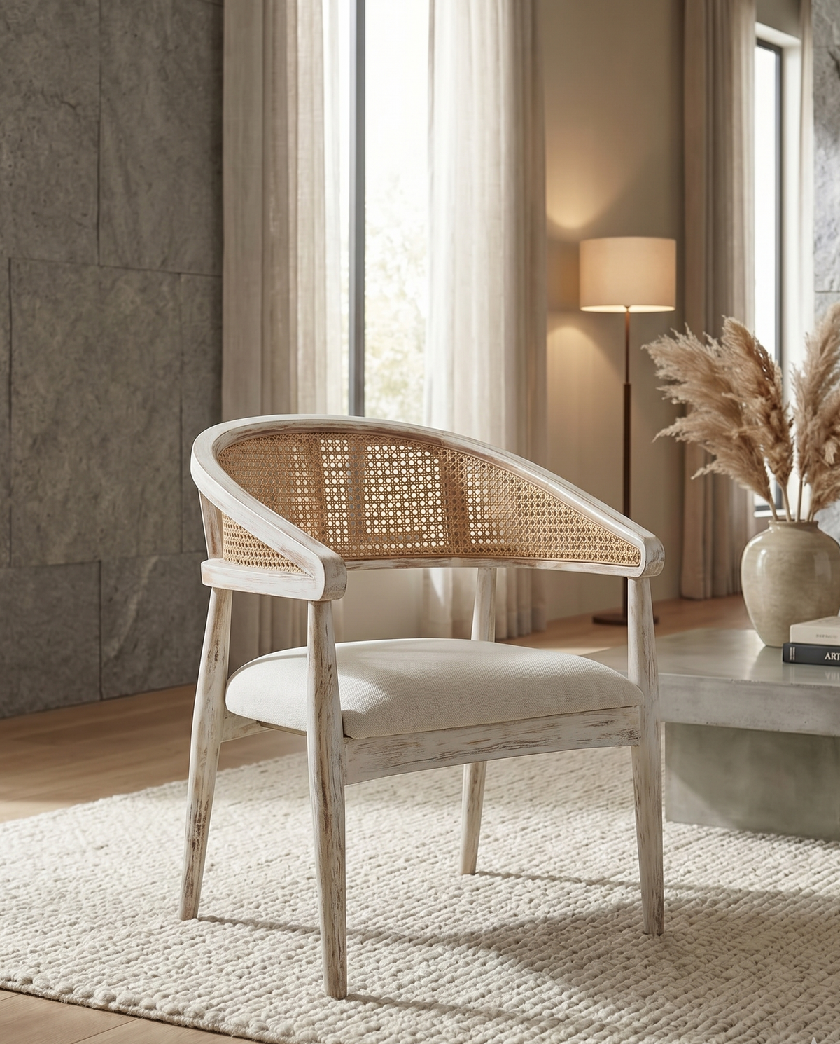 Cane Back Curved Arm Accent Chair