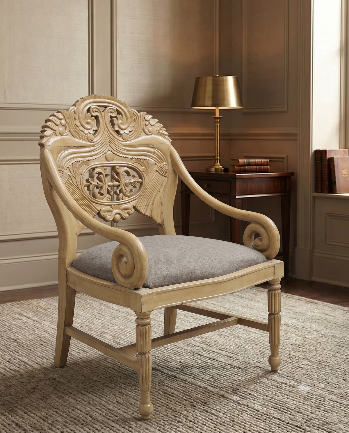 Hand-Carved Wooden Accent Armchair