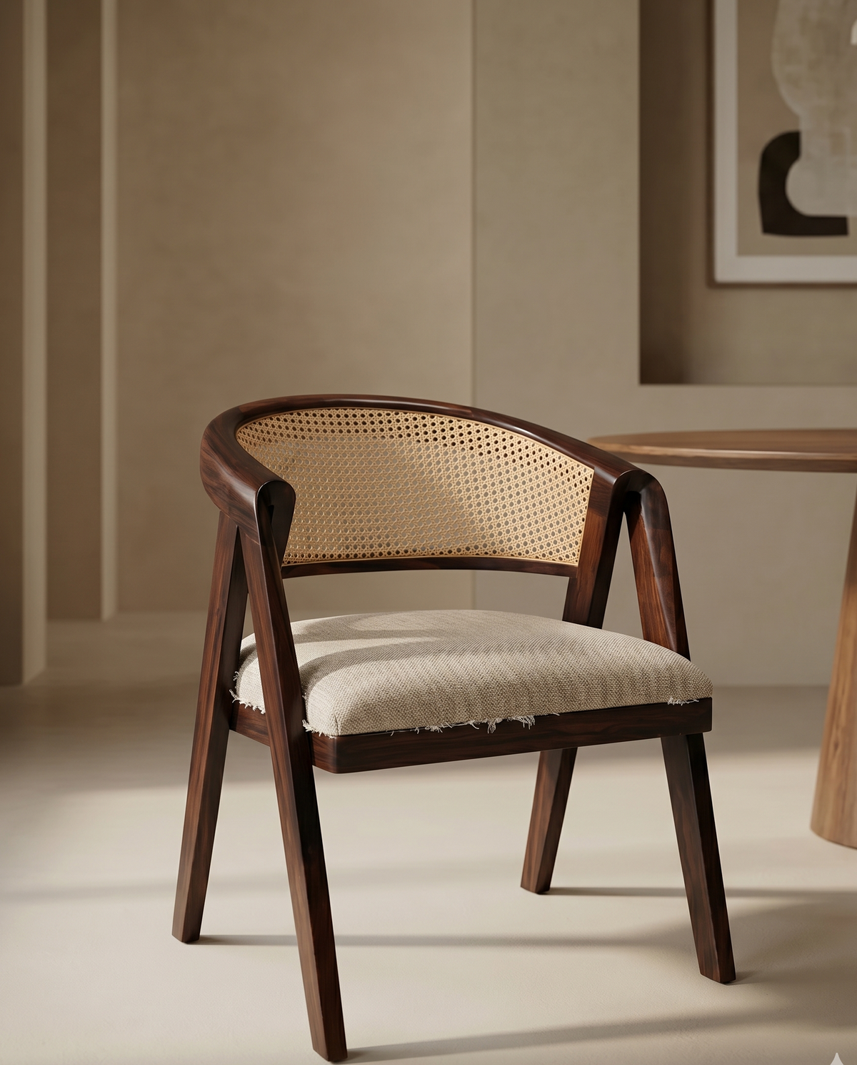 Curved Cane Back Wooden Accent Chair