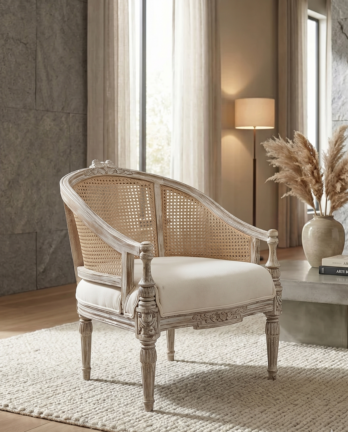 French Cane Back Carved Accent Chair