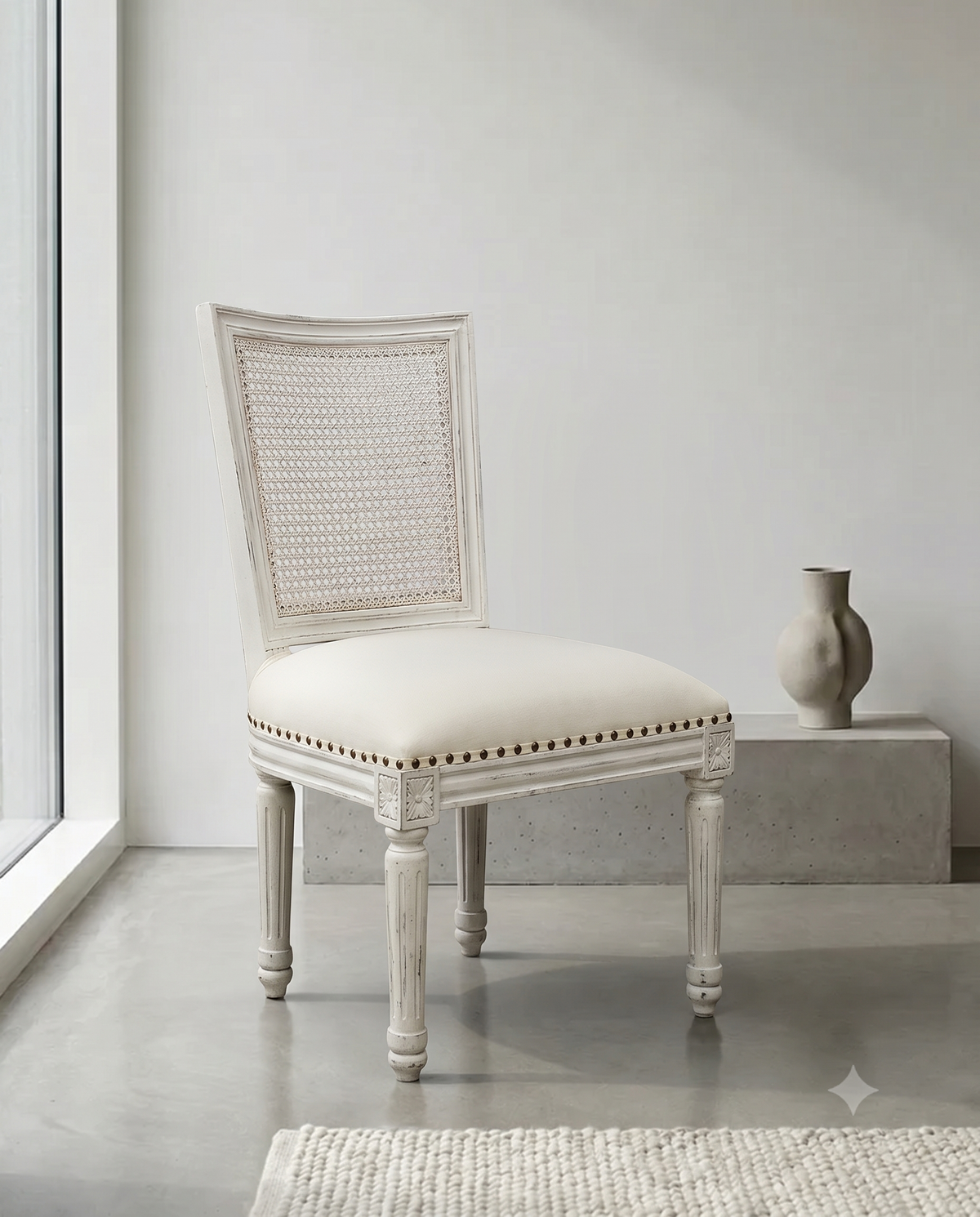 White Cane Back Upholstered Dining Chair