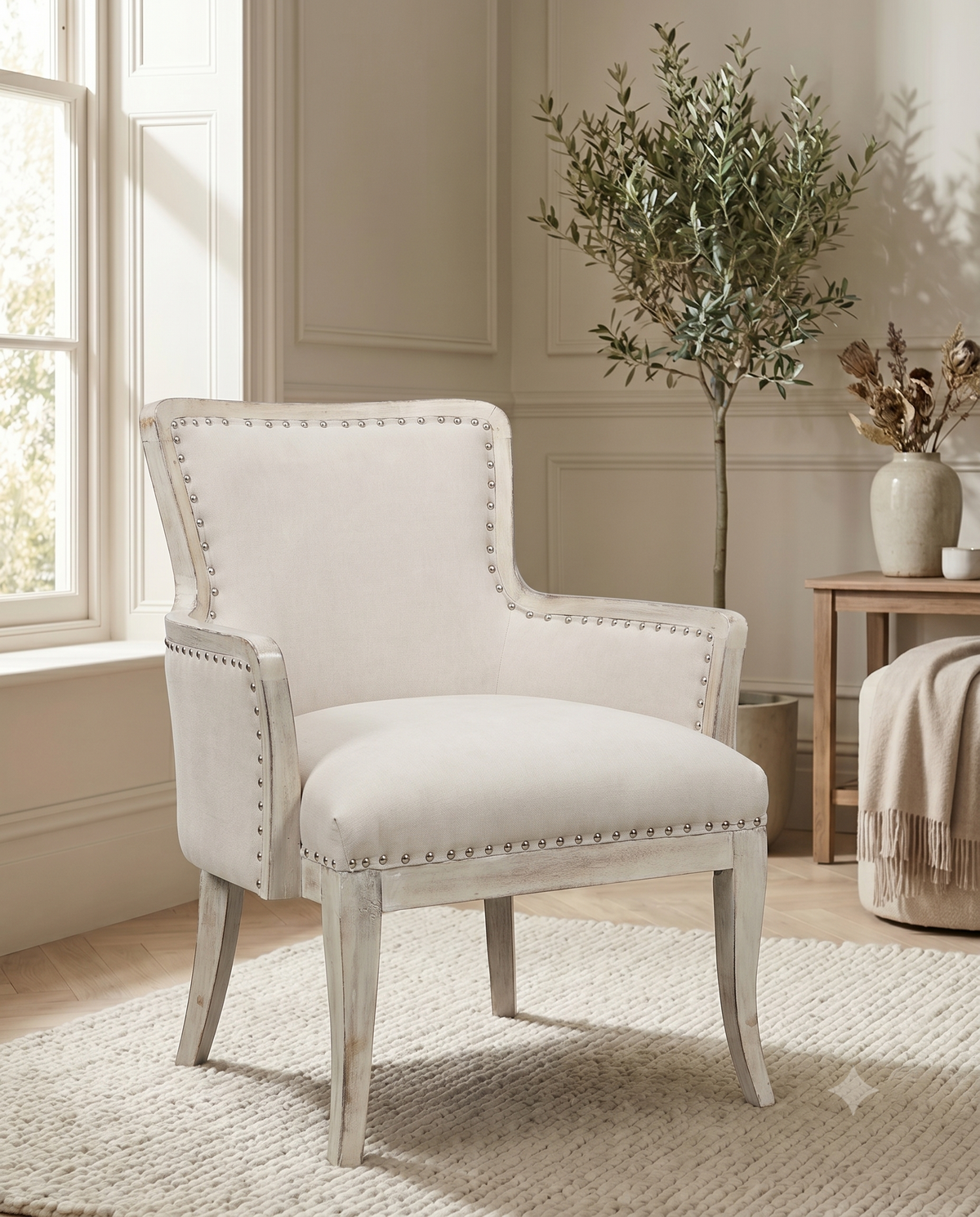 White Nailhead Upholstered Accent Armchair