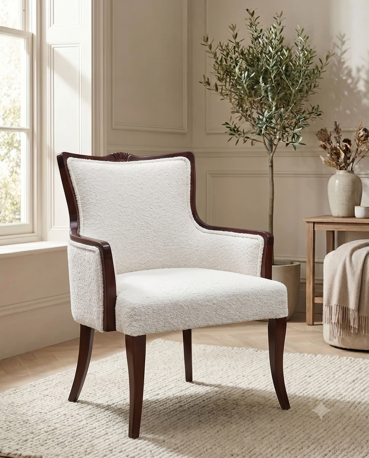 Ivory Bouclé Wooden Accent Armchair