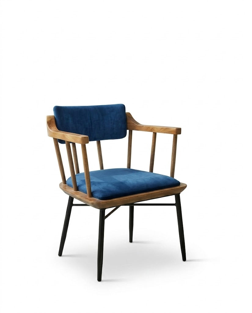 Blue Cushion Wooden Arm Dining Chair