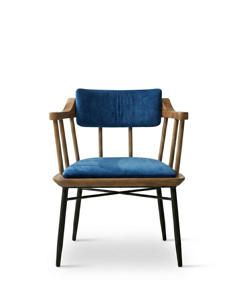 Blue Cushion Wooden Arm Dining Chair