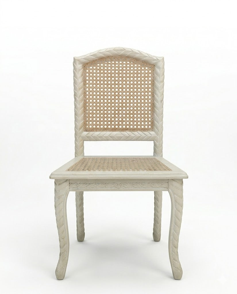 White Cane Seat Carved Dining Chair