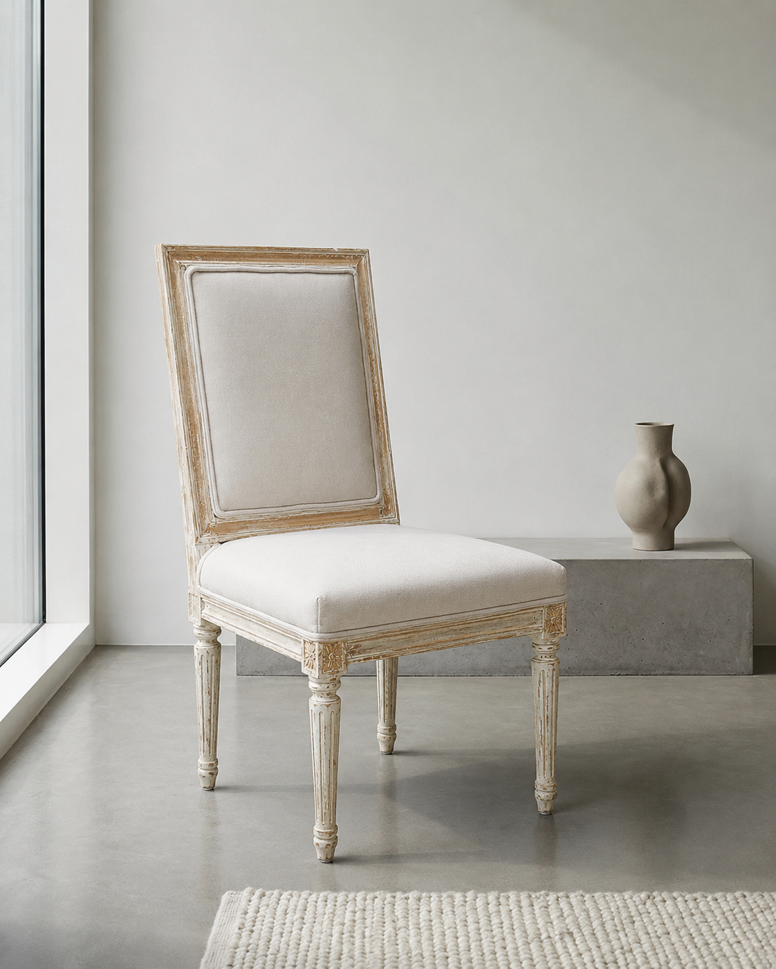 Distressed Ivory Upholstered Dining Chair